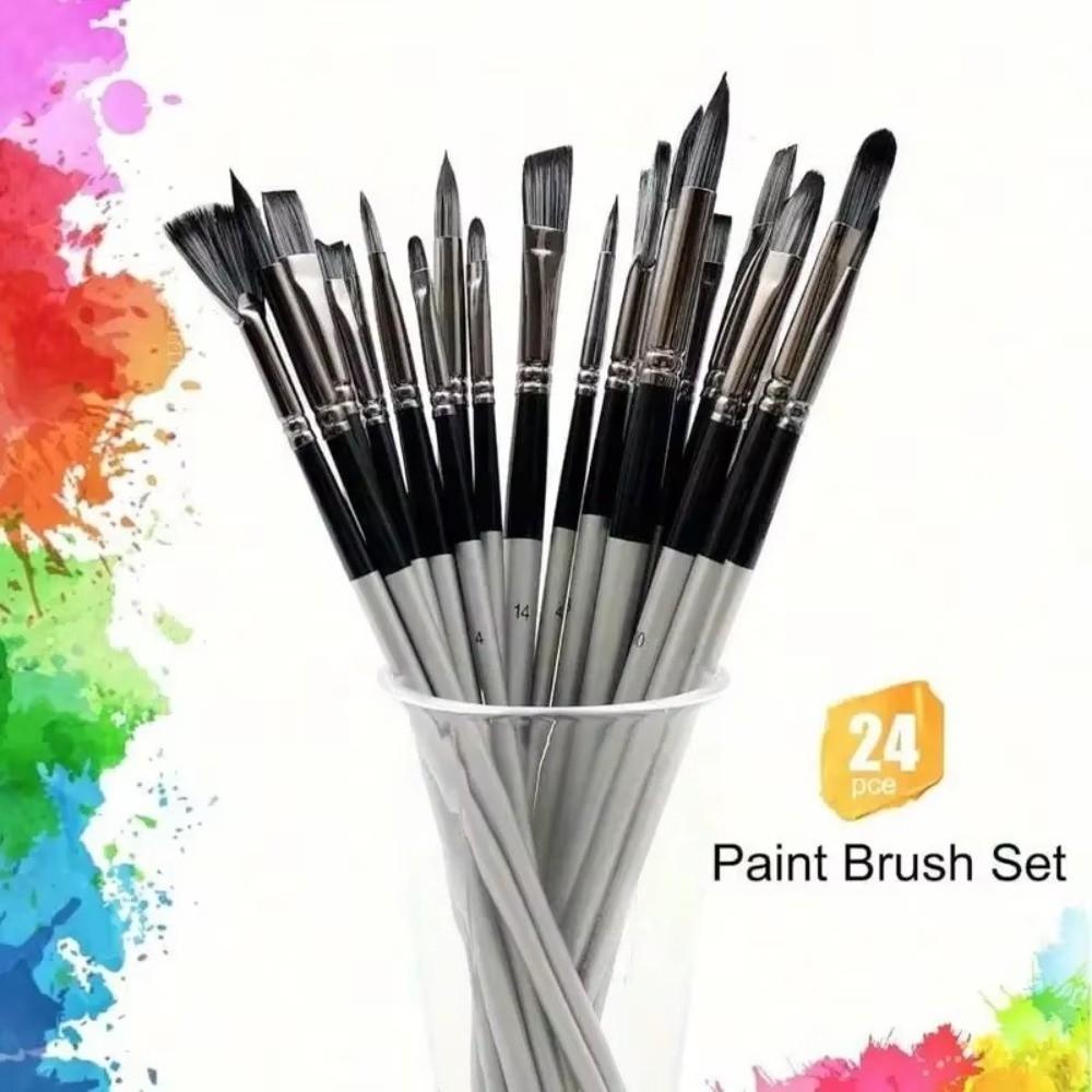 24pcs/set Wooden Handle Nylon Brush Set Nylon Hair Oil Painting Brushes  Canvas Painting