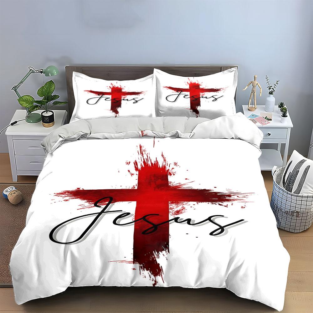 Red cross with "Jesus". Bedding sets Duvet cover sets Duvet covers Pillowcases(1 * Duvet Cover 2 * Pillowcases, without duvet insert)