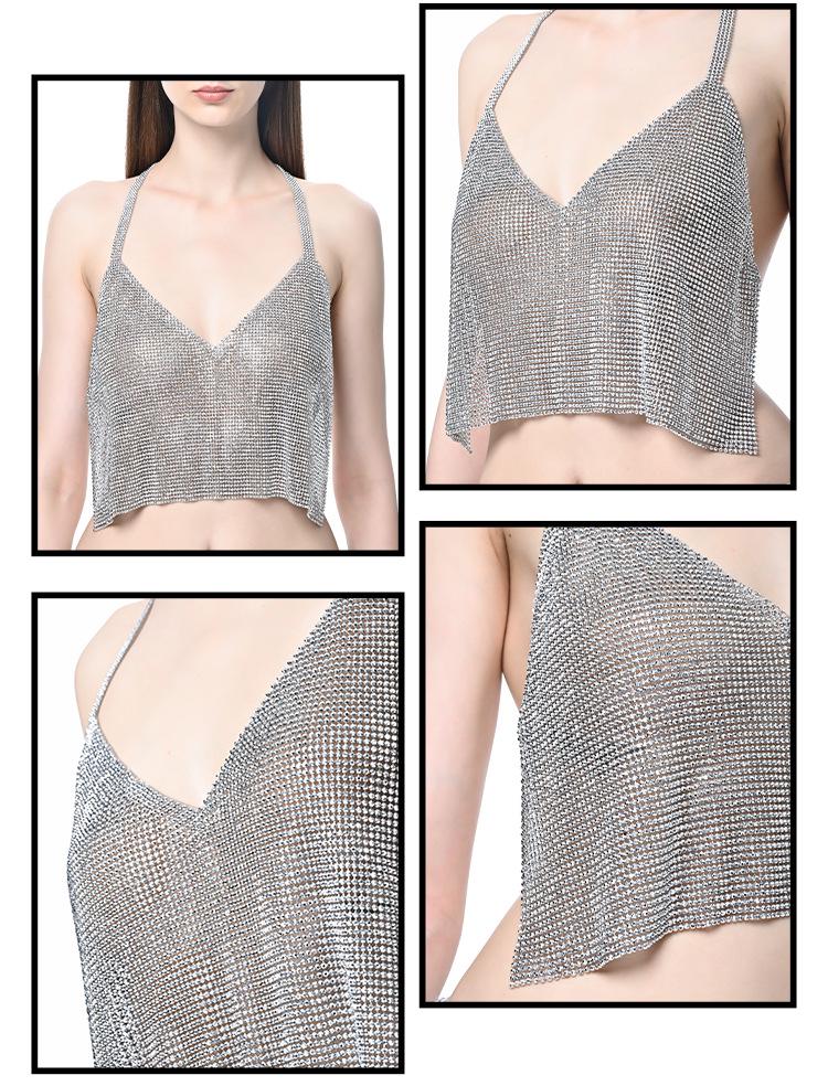 Cross-Border Rhinestone Halter Tank Top - Sexy, Shiny & Backless for Nightclub & Festival Wear