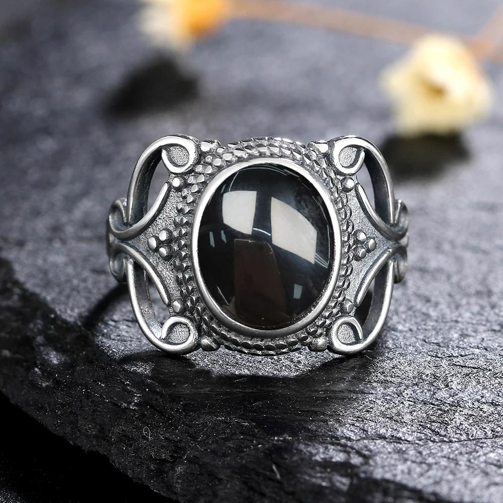 Vintage 925 Sterling Silver Black Onyx Ring Oval Shape Natural Stone Certified Fine Jewerly Retro Silver Rings for Women Men