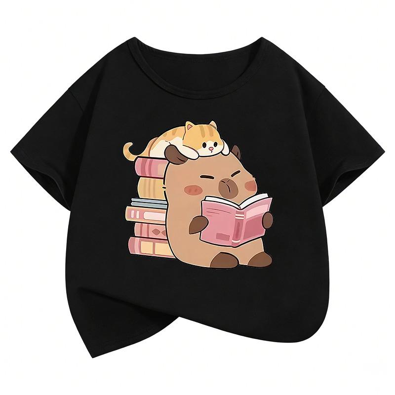 Summer Spring Cute Cat with Capybara Reading Book T Shirts Short Sleeve Kids Children's T-shirt Boys Girls Casual Top Tee Shirt