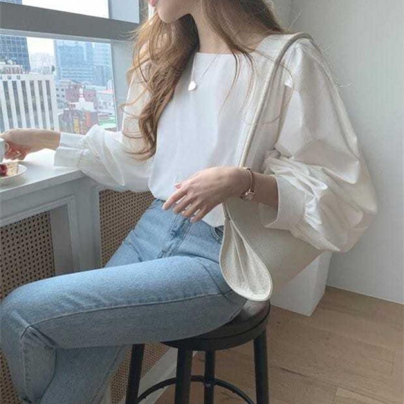 1116 Shirt Women's Korean Version of Simple Niche Temperament Horn Sleeve Shirt French Square Collar Loose Solid Color Inner Top