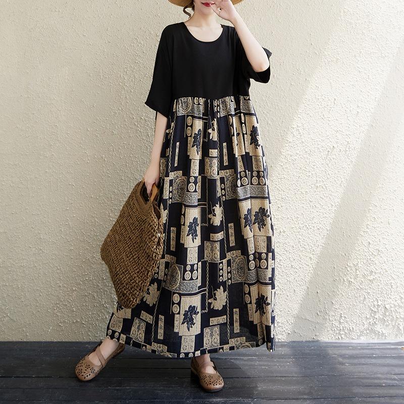 The real shot is the new 125kg fat MM to cover the meat and show thinness, and the color matching cotton and linen dress women's clothing.