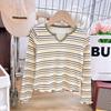 Spring 2026 Girls' Slim Fit V-Neck Striped Long Sleeve Base Layer - Versatile and Stylish