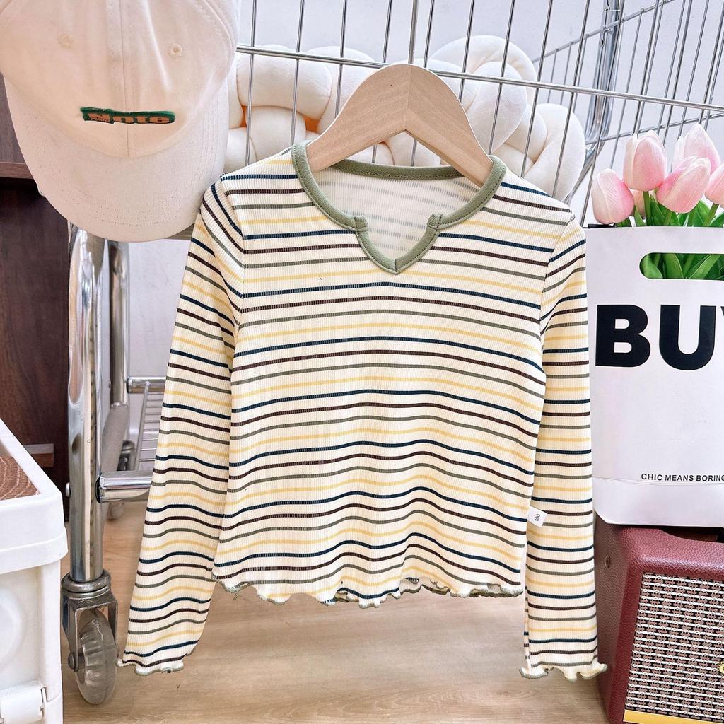 Spring 2026 Girls' Slim Fit V-Neck Striped Long Sleeve Base Layer - Versatile and Stylish