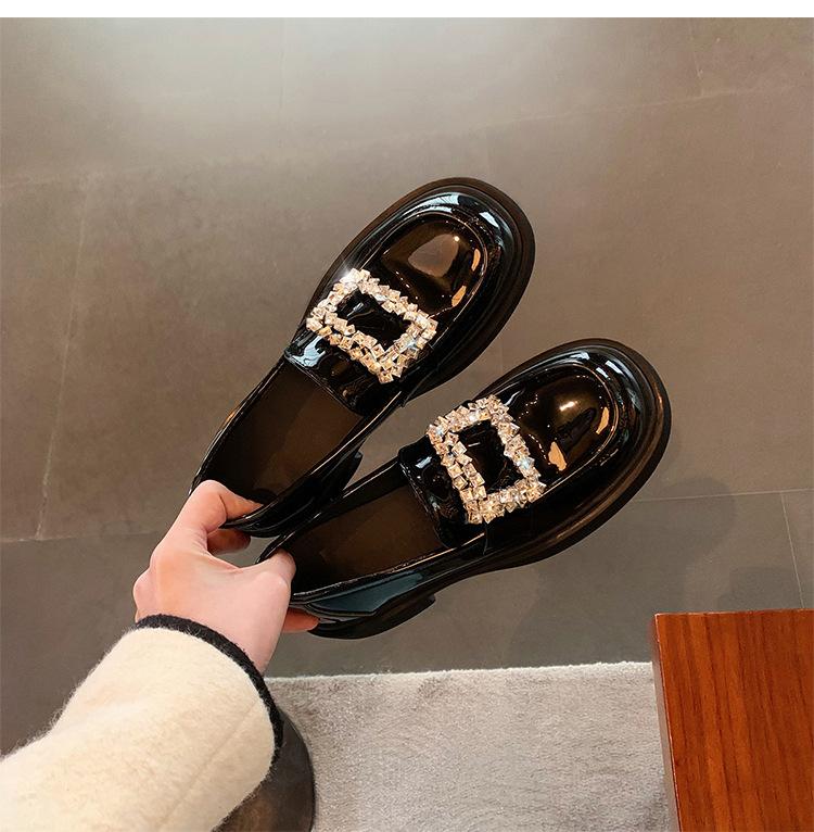 Sheepskin version of genuine leather women's rhinestone square buckle shoes British small leather shoes round head versatile thick sole thick heel