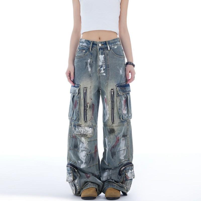 Womens American Retro Graffiti Pocket Wide Leg Jeans High Waist Straight Work Pants Streetwear