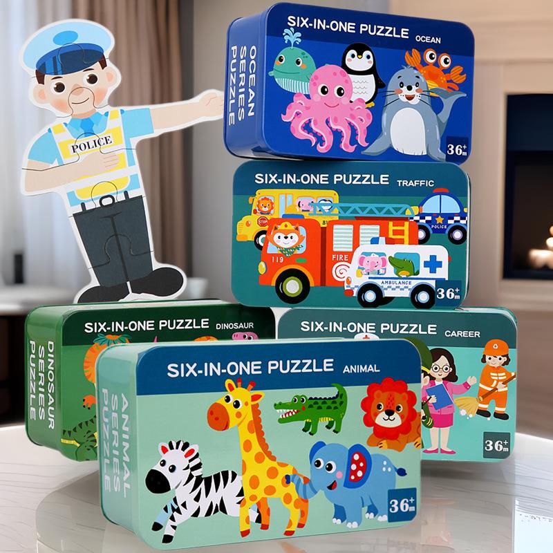 Wooden Six-in-One Puzzle for Ages 3-6: Animals & Transportation Educational Toy for Early Childhood Development