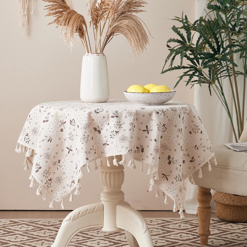 Cotton And Linen Small Fresh Navy Blue Small Flower Round Tablecloth Household Living Room Homestay Decoration Fringed Tablecloth