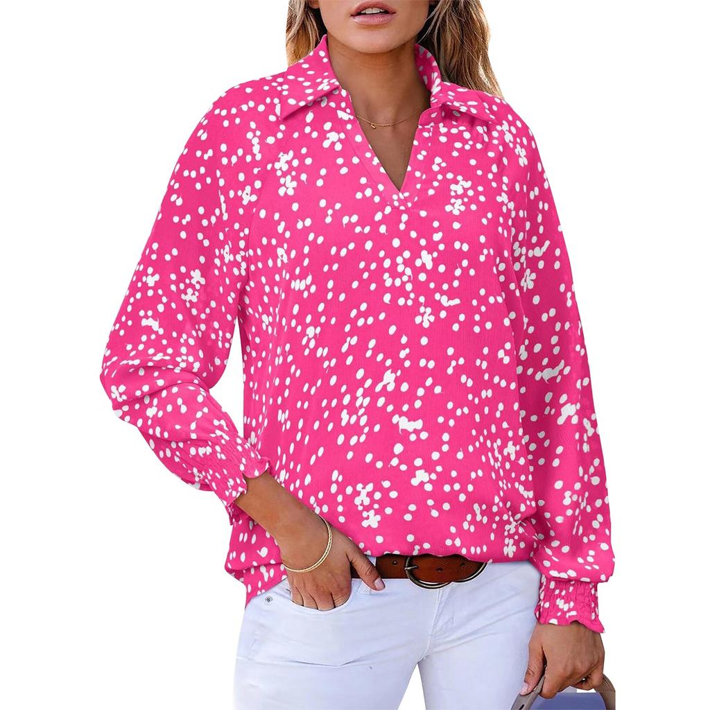 Damen Oberteile V-Ausschnitt Langarm Gepunktet Gedruckt Kordelzug Bluse