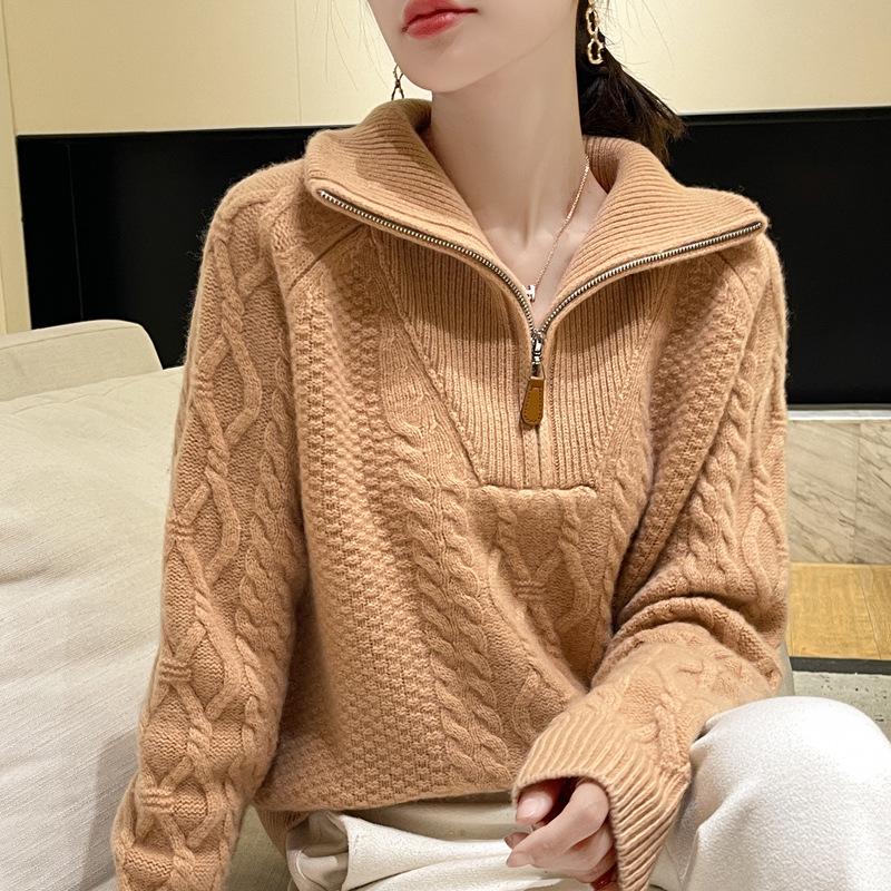 Women's Retro High Neck Cable Knit Wool Pullover - Autumn/Winter Korean Style Half-Zip Sweater