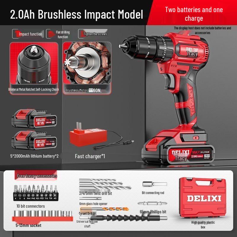 Delixi Brushless Handheld Lithium Battery Drill and Electric Screwdriver with Impact and Rechargeable Features for High-Power Household Use.