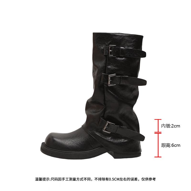 ~ Belt Buckle Square Round Head Pleated Medium Tube Knight, Autumn and Winter Pleated Stacked Pants Tube Women's Boots