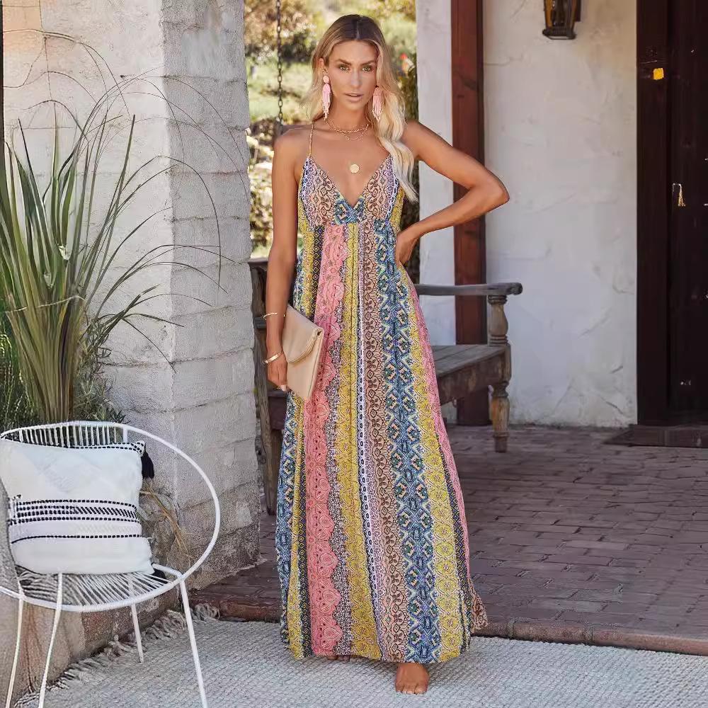 2026 Summer V-Neck Floral Spaghetti Strap Maxi Dress, Women's Backless Design