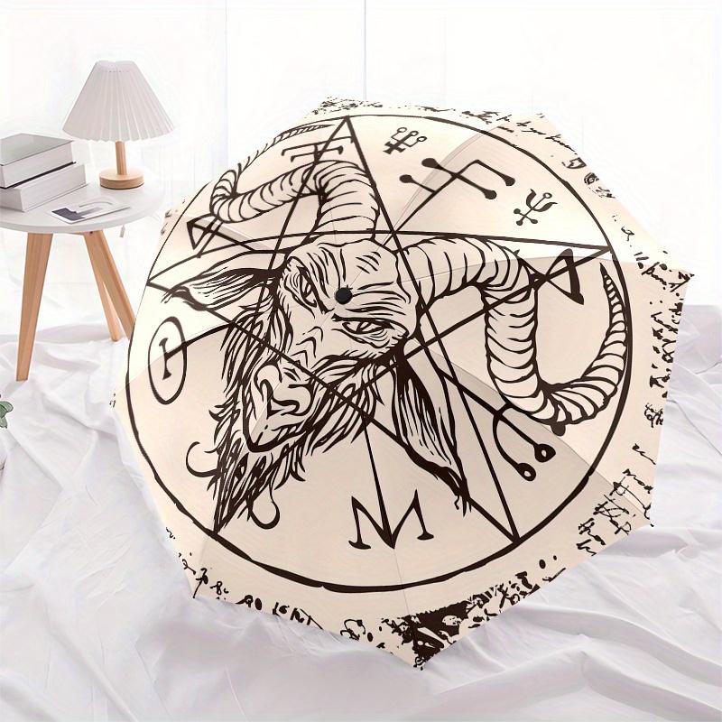 Gothic Occult umbrella with Automatic Open/Close - Baphomet-like Goat Head Design, Pentagrams - Compact 3-Fold Folding umbrell