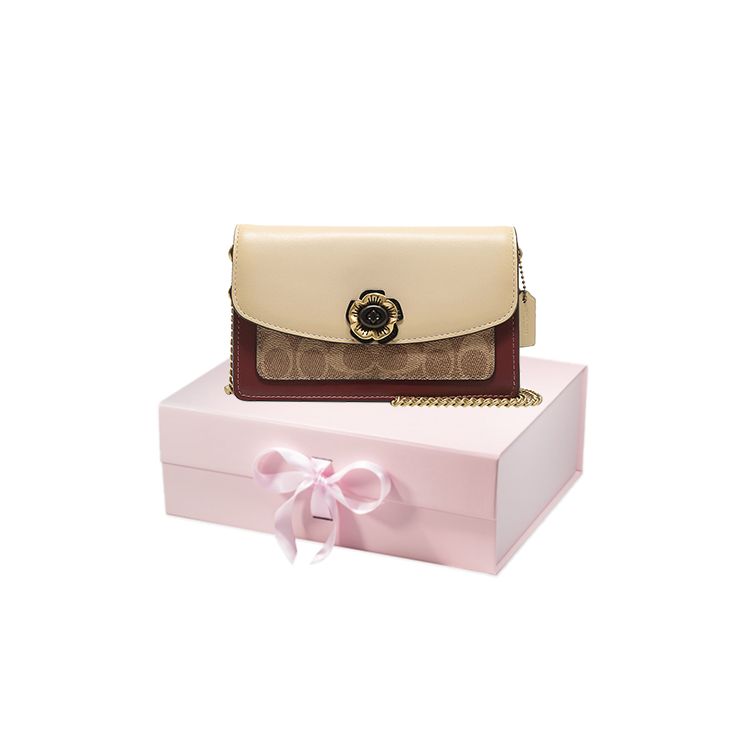 Coach Parker 18 Camellia Turnlock Color Block Signature Print Coated Canvas And Leather Chain Shoulder Bag Women Shoulder Bag 1680-B4QVB