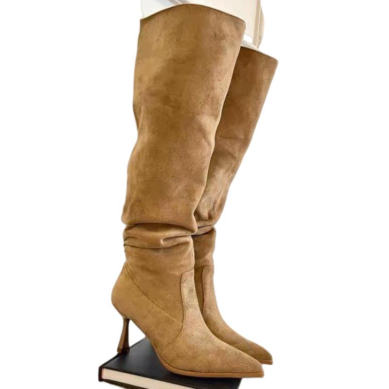 Suede Pleated Piled Boots High Heel Pointed Over the Knee Boots Women's 2025 Autumn and Winter New Retro Slim High Boots
