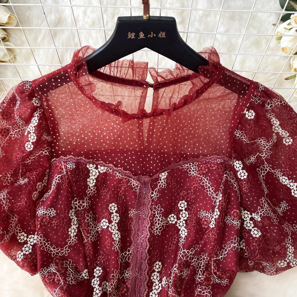 Summer Lace Hook Flower Embroidered Bubble Sleeve Dress for Womenfashion Slim Waist Dress Female A-line Cake Party Retro Dress