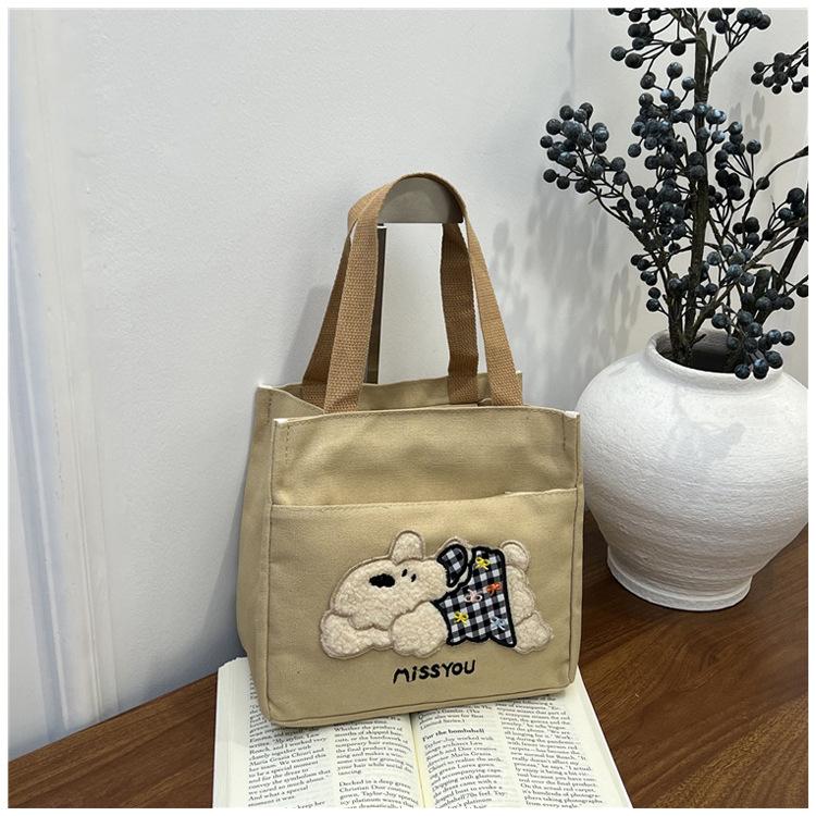 Trendy Canvas Shoulder Bag for Women Large Capacity Cute Bear Print Lunch Tote Handle Bag Comfortable and Texture Storage Bags