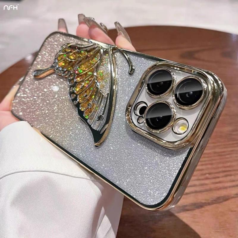 For iPhone 16E 15 Pro Max Fashion Glitter Butterfly Luxury Plating Frame Phone Case For iPhone 11 12 13 14 Plus Protective Cover