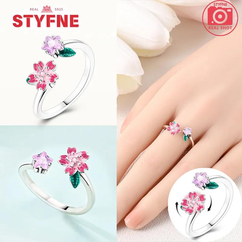 

Silver 925 Ring Pink Zircon Shining Flower Open Ring Original Windmill Rotatable Ring Fine Jewelry for Women Gift Daily Matching