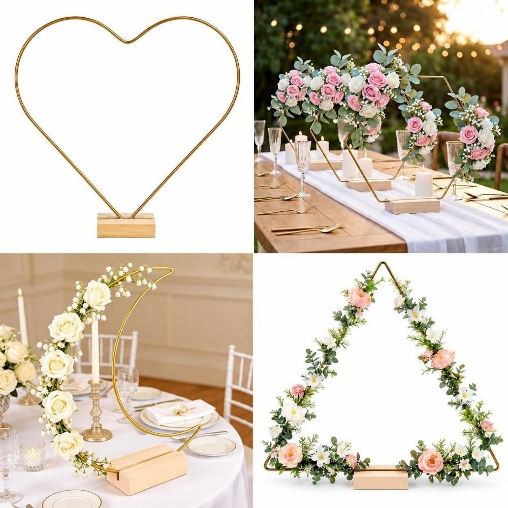 Gold Floral Garland Frame Triangle Moon Shape Hollow Out Metal Hoop Wreath Frame  Wedding Decor