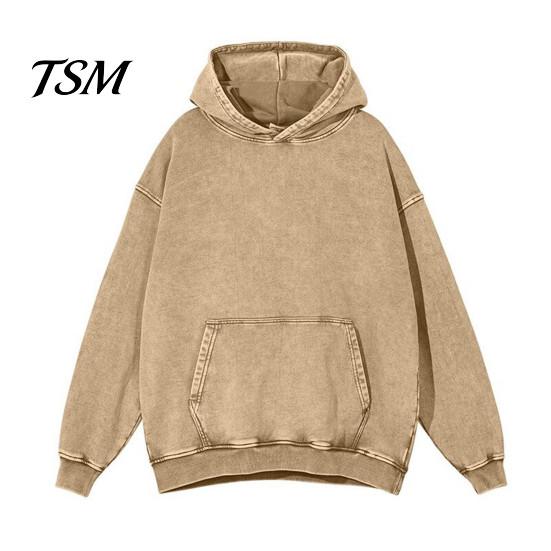 Haut Douillet d'Automne Automne Printemps Sweat à Capuche Unisexe Grande Poche à Capuche Ample Délavé Usé Élastique Poignets et Ourlet Épaules Inclinées Couleur Unie