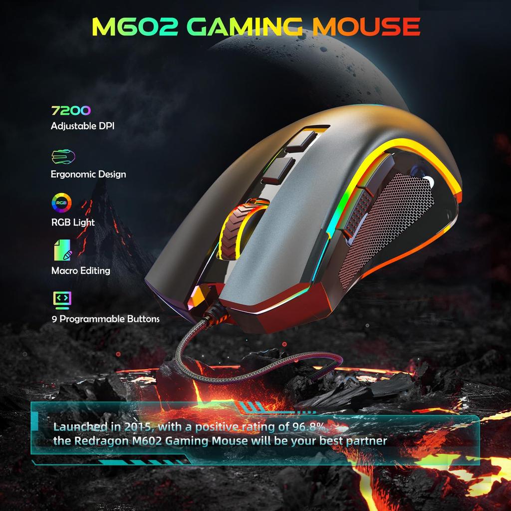 Black Redragon Wired Gaming 7200 3212 PAW Sensor M602A-RGB Mouse, DPI,
