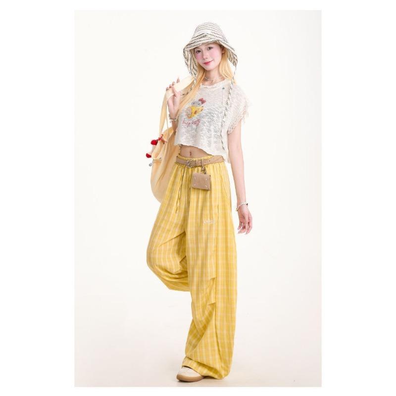Women's Yellow Gingham Balloon Pants High Waist Oversized Casual Trousers with Elastic Waist