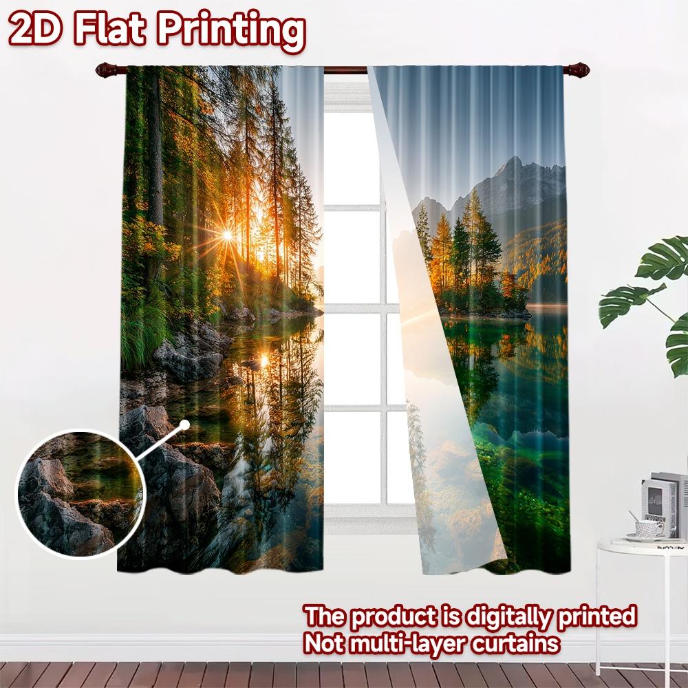 2D flat printing 2pcs Curtain Alpine Lake Sunrise Forest Mountain Reflection Digital Printed Polyester Drapes Festive Curtains