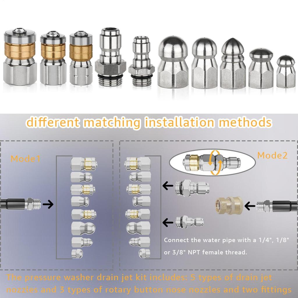 Sewer Jetter Nozzle with 1/4" 3/8" Connectors Stainless Steel Tips 10-Piece Clean Nozzle for Pressure Washer for Home Parking