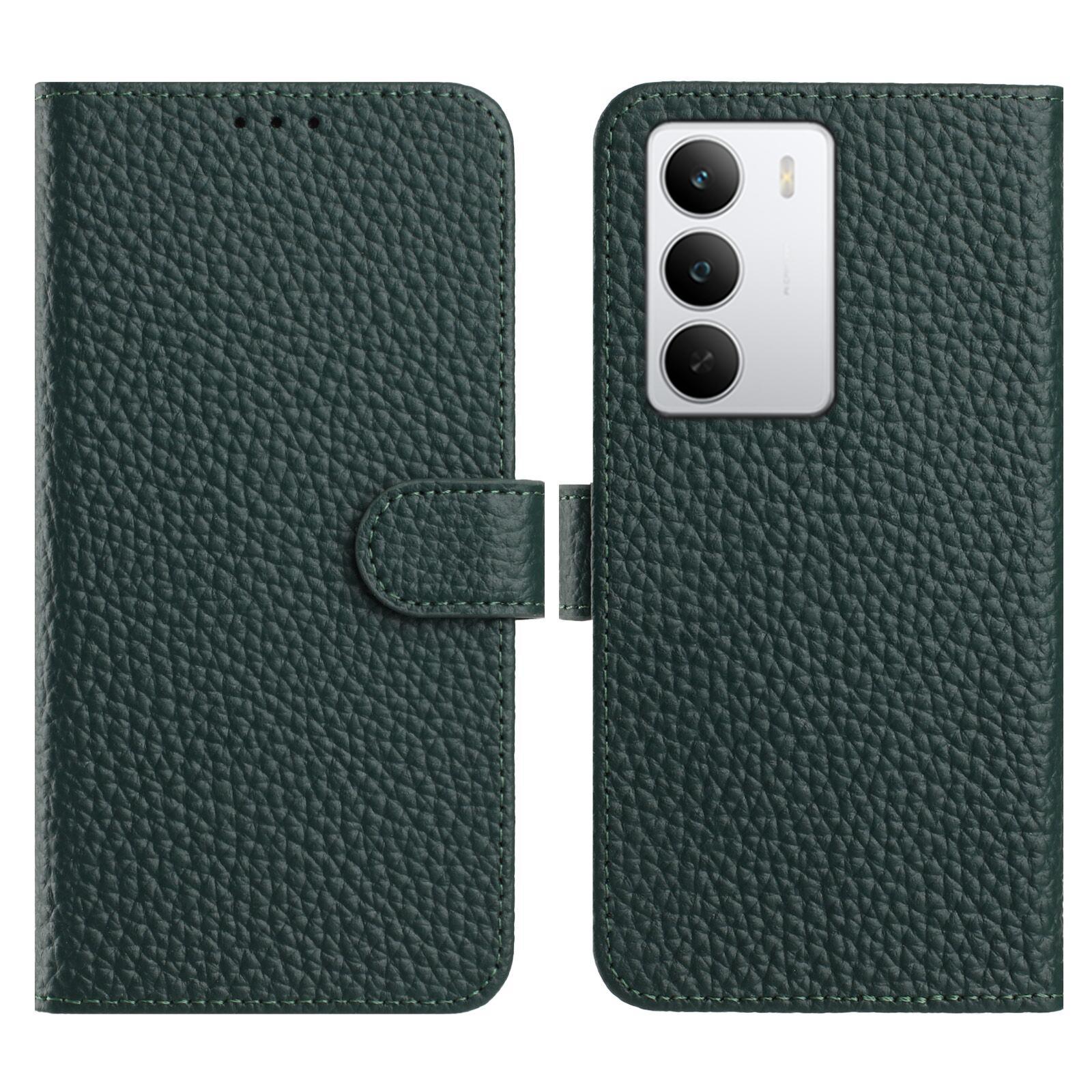 

For Realme 14x 5G/C75 5G Case Wallet Stand Litchi Texture Genuine Cow Leather Flip Phone Cover Green