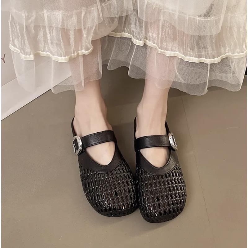 Mary Jane Shoes New Retro Shallow Mouth One Word Versatile Flat Bottom Soft Sole Single Shoes Gentle Women's Sandals