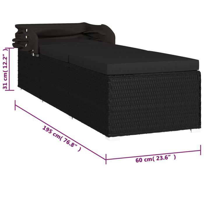 VidaXL Chaise longue avec auvent et coussin Résine tressée Noir