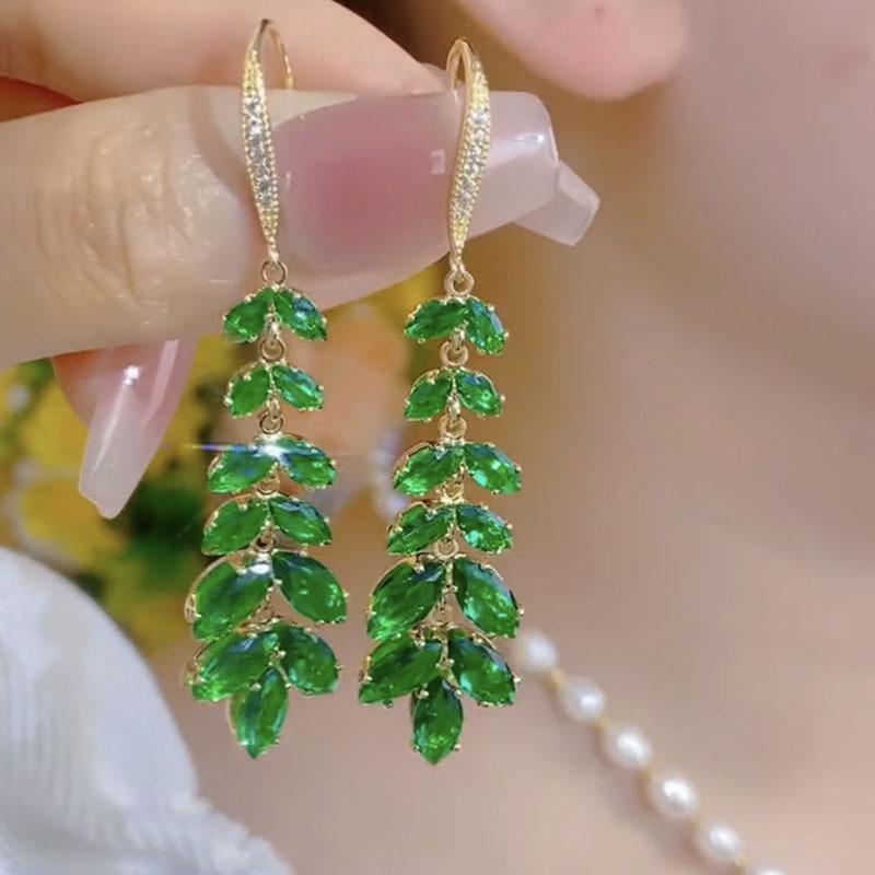 Gold & Green Crystal Leaf Retro Earrings - Light Luxury 2024 Collection