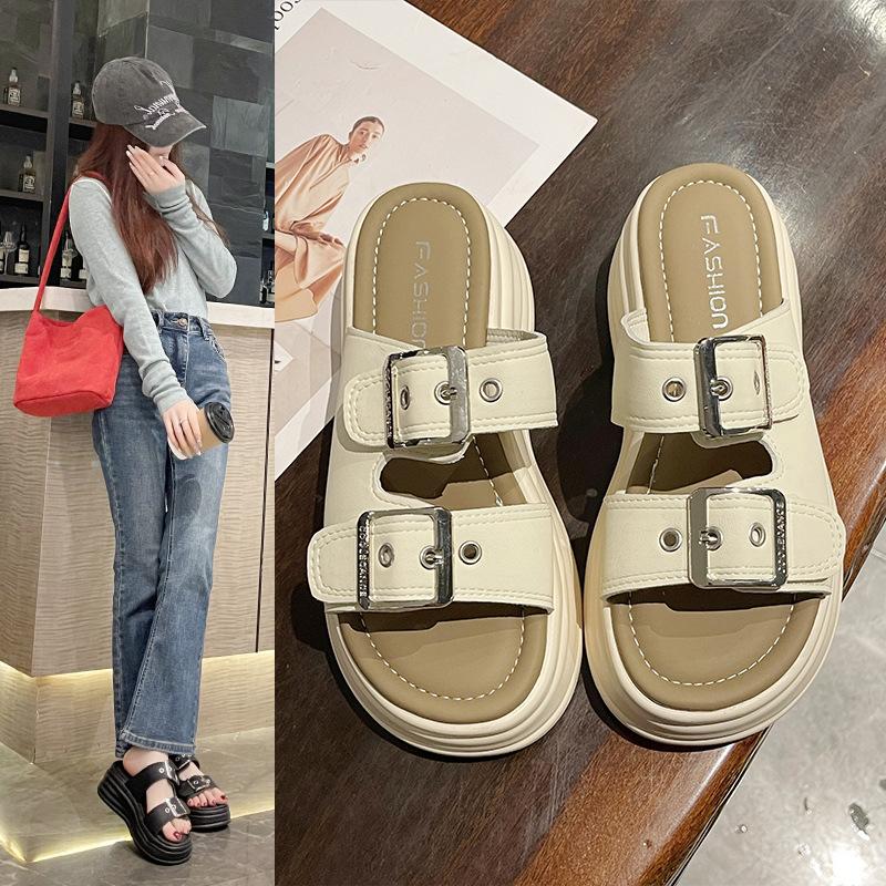 Belt Buckle Slippers Women's 2025 Summer New Versatile Outer Wear Platform Beach Slippers National Fashion Comfortable Breathable Sandals