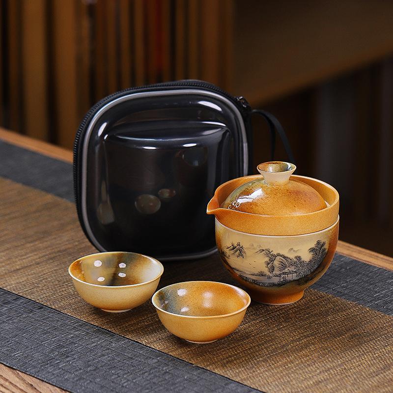 Firewood Kuaike Tea Set Creative Travel Ceramic One Pot Three Cups Gift Set Outdoor Portable Tea Pot