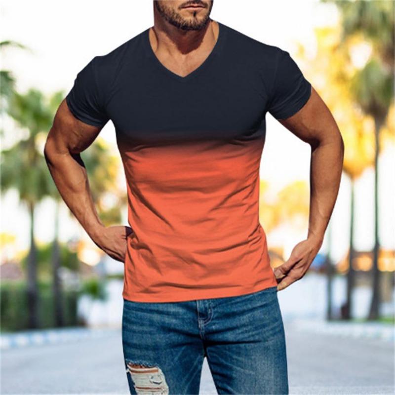 Herren Casual Sports T-Shirt Europäische und amerikanische Sommermode Revers 3D Farbverlauf Kurzarm Rundhals T-Shirt Männer