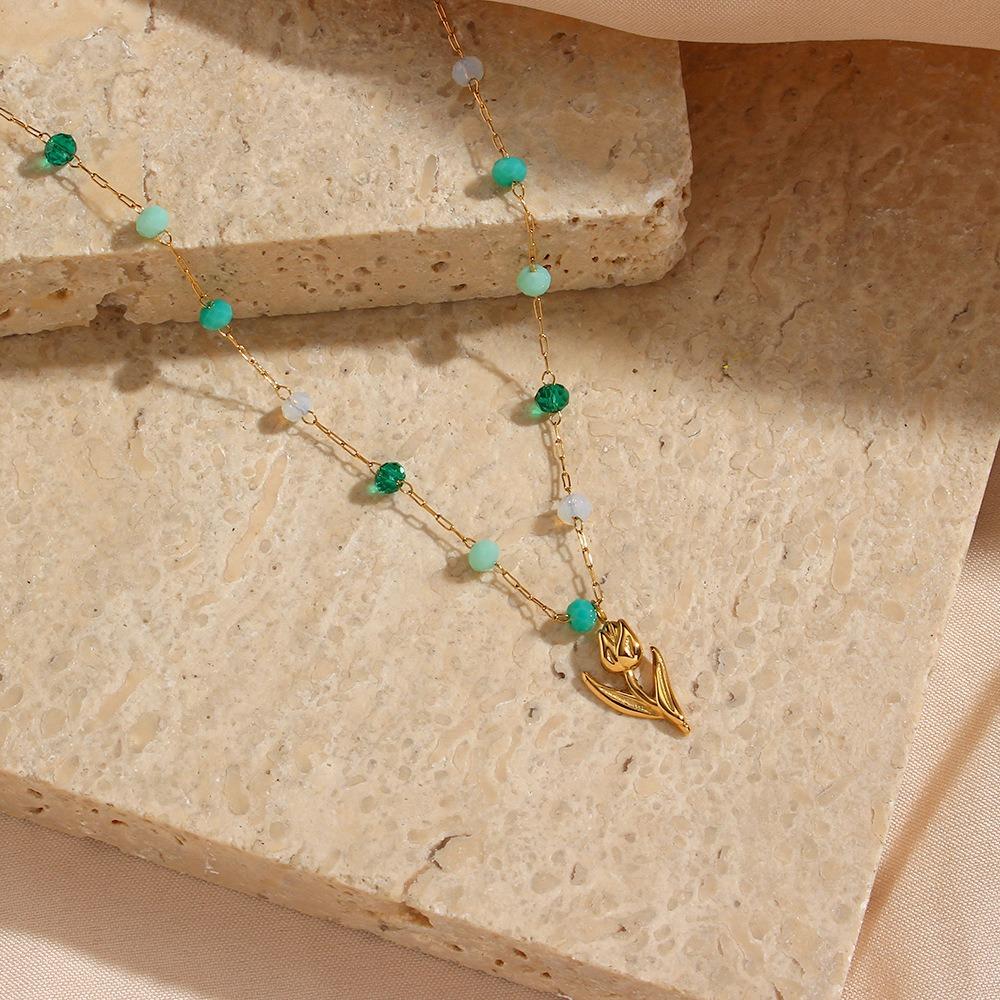 

Bead Tulip Necklace Mixed Green Stones Imitation Pearl Chain Stainless Steel Pendant Female
