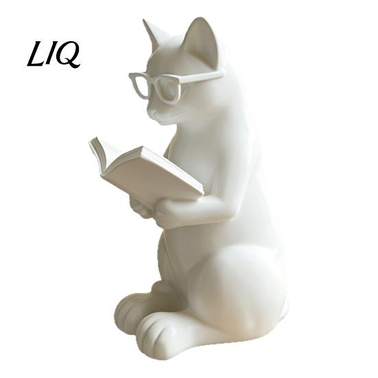 Cat Reading Book Ornament 3D Printed Figurine, Decorative with Weighted Anti-Slip Base, Cute Figure Intellectual Statue Eye Glasses for Desk Bookshelf