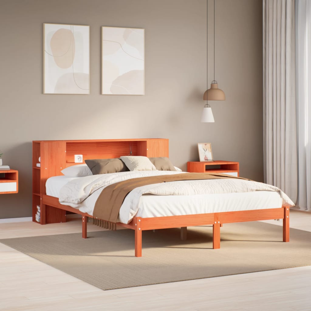 Solid Wood Bed with Shelf Without Mattress Wax Brown 150 x 200 cm