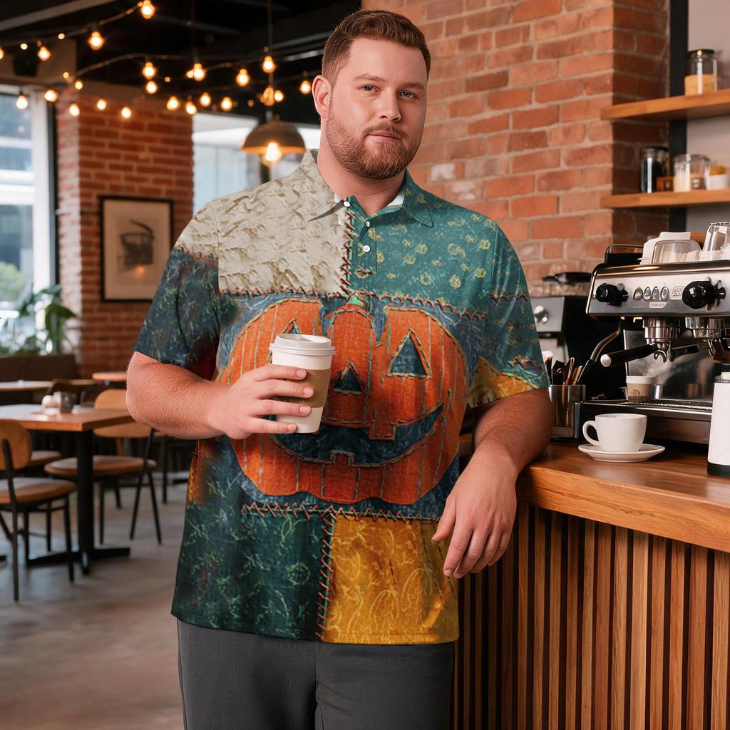 Herren Übergröße Halloween Print Golf Poloshirt Atmungsaktiv Kurzarm Lässiges Arbeitskleidung Oberteil Bequeme Passform