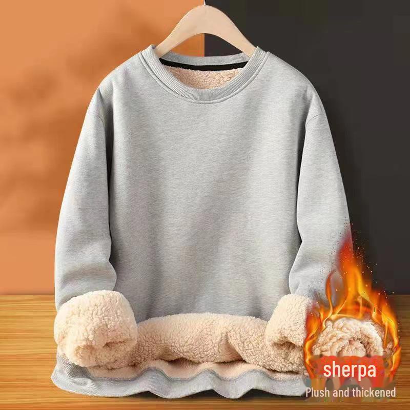 

Мужской свитер из плотной шерсти и овчины с бархатом – однотонный, теплый, свободного кроя, с круглым вырезом, на осень и зиму 5XL