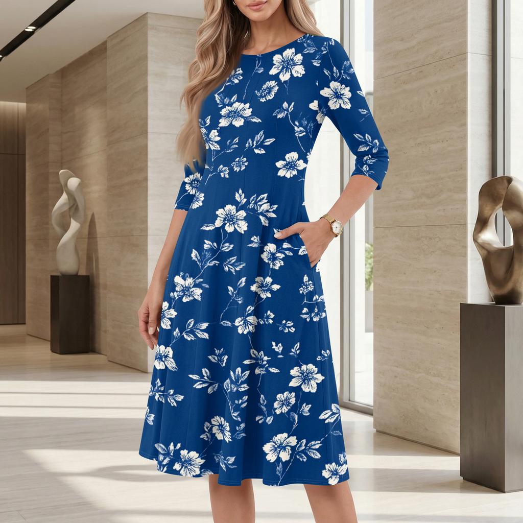 Women's Casual Fashion Round Neck Three Quarter Sleeve Printed Midi Dress