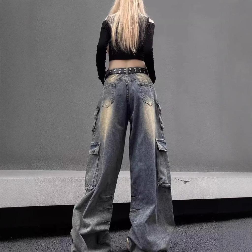 Trendy American Street Style High-Waisted Wide-Leg Cargo Jeans for Women