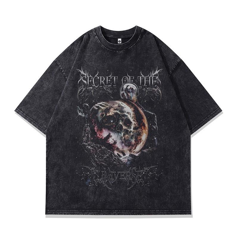 High Street Trendy Brand Vintage Skull Print Men'S T-Shirt Small Neckline Loose Wash Old Short Sleeves