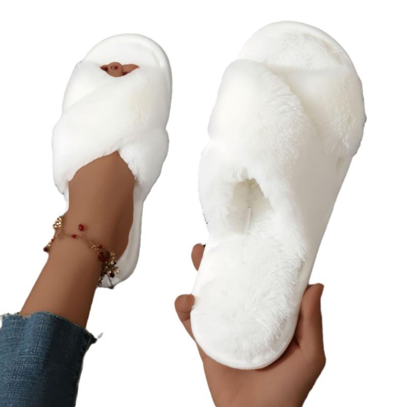 TEU SEI Cross Plush Large Fluffy Cross Strap Cotton Slippers Women's Fluffy Cotton Slippers