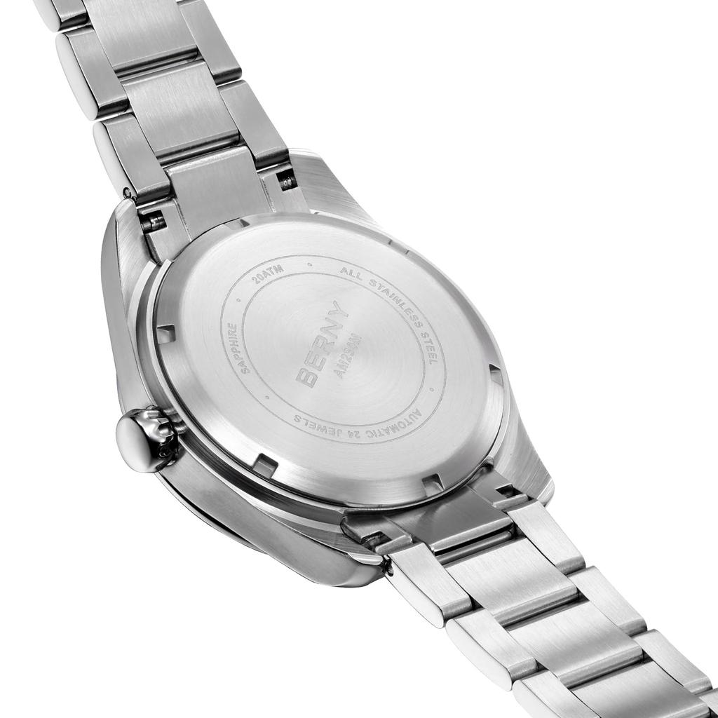 BERNY Automatikuhr für 200M Wasserdicht Superleuchtend Mechanisch Vollständig Edelstahl Analog Saphir Kalender Inklusive Herren, Herrenuhr, Silber, Uhr,