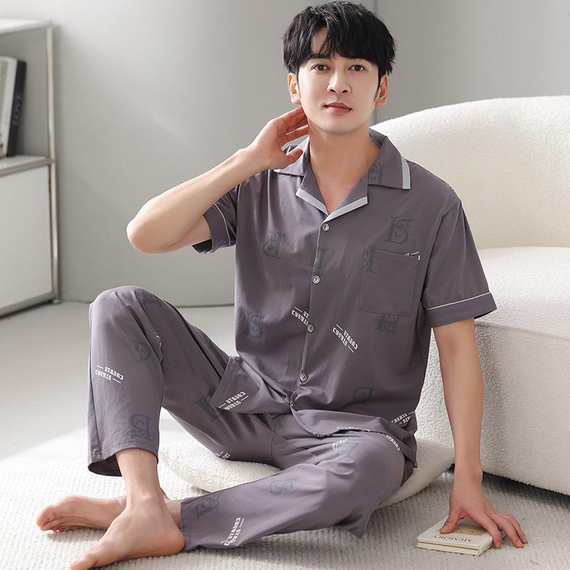 Pajamas Men's Summer Cotton Short Sleeve Trousers Men's Thin Summer Large Size Half Sleeve Men's Summer Loungewear Set