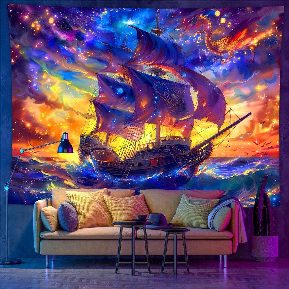 UV Reactive Blacklight Tapestry Fantasy Pirate Ship 2D Flat Printed Colorful Nebula Galaxy Starry Sky Wall Hanging Peach Skin